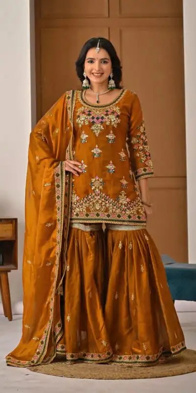 ND 5056 Brown Fandy Silk Salwar Suit with Embroidery Work. Wedding, Party, Festive, Events Now at just ₹2649. Delivery 4-6 Working Days. Shop now. | Jump Suits, Salwar suit, Designer Suits, Casual Suits, Creative suits, Palazzo Suits, Party Wear Suits, Patiala Suits, Straight Suits