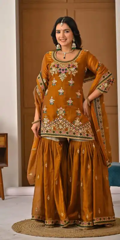 ND 5056 Brown Fandy Silk Salwar Suit with Embroidery Work. Wedding, Party, Festive, Events Now at just ₹2649. Delivery 4-6 Working Days. Shop now. | Jump Suits, Salwar suit, Designer Suits, Casual Suits, Creative suits, Palazzo Suits, Party Wear Suits, Patiala Suits, Straight Suits