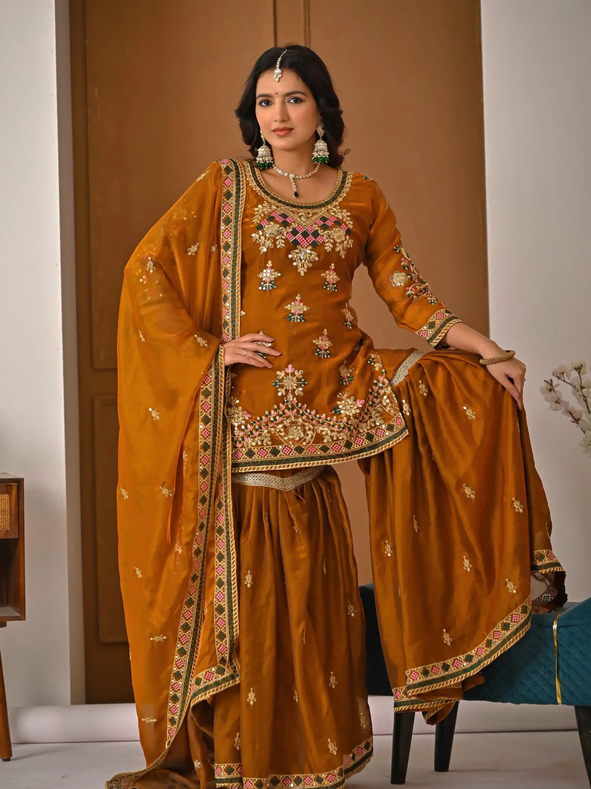 ND 5056 Brown Fandy Silk Salwar Suit with Embroidery Work. Wedding, Party, Festive, Events Now at just ₹2649. Delivery 4-6 Working Days. Shop now. | Jump Suits, Salwar suit, Designer Suits, Casual Suits, Creative suits, Palazzo Suits, Party Wear Suits, Patiala Suits, Straight Suits