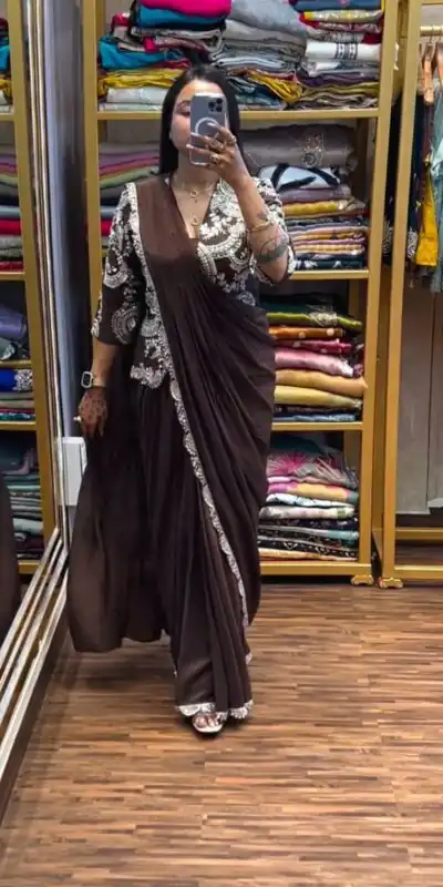 ST 1035 Brown Color Faux Georgette Saree with Embroidery Work. Wedding, Party, Festive, Festive Deal ₹2049. Delivery 4-6 Working Days. Shop now. | Sarees, Bollywood Sarees, Creative Sarees, Designer Sarees, Embroidered Sarees, Ethnic Saree, Modern Digital sarees, Party Wear Sarees