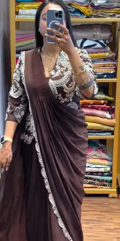 ST 1035 Brown Color Faux Georgette Saree with Embroidery Work. Wedding, Party, Festive, Festive Deal ₹2049. Delivery 4-6 Working Days. Shop now. | Sarees, Bollywood Sarees, Creative Sarees, Designer Sarees, Embroidered Sarees, Ethnic Saree, Modern Digital sarees, Party Wear Sarees