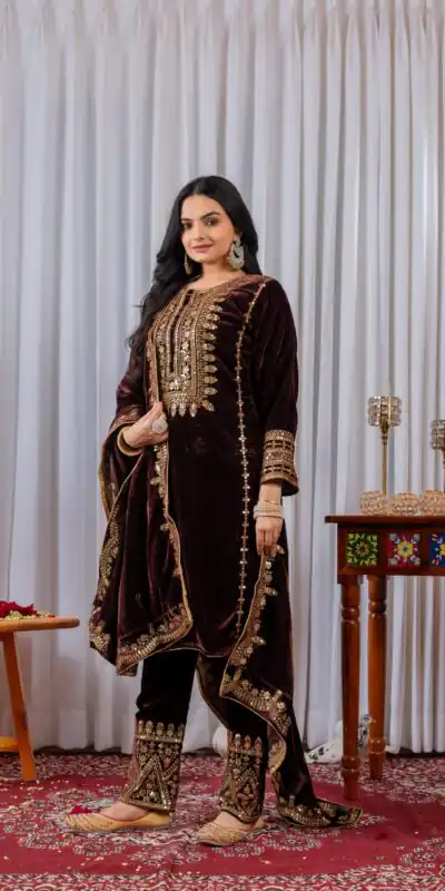 AD 089 Brown Viscose Velvet Salwar Suit with Embroidery Work. Affordable Price ₹1999. Delivery 4-6 Working Days. Shop now. | Jump Suits, Salwar suit, Designer Suits, Casual Suits, Creative suits, Palazzo Suits, Party Wear Suits, Patiala Suits, Straight Suits
