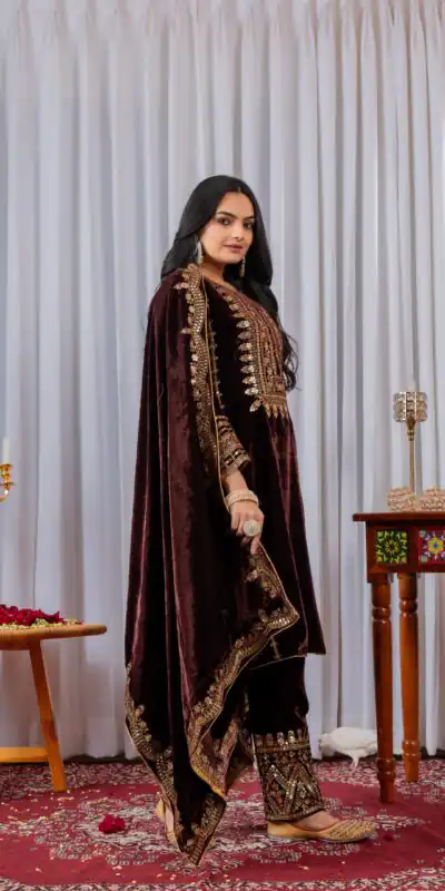AD 089 Brown Viscose Velvet Salwar Suit with Embroidery Work. Affordable Price ₹1999. Delivery 4-6 Working Days. Shop now. | Jump Suits, Salwar suit, Designer Suits, Casual Suits, Creative suits, Palazzo Suits, Party Wear Suits, Patiala Suits, Straight Suits