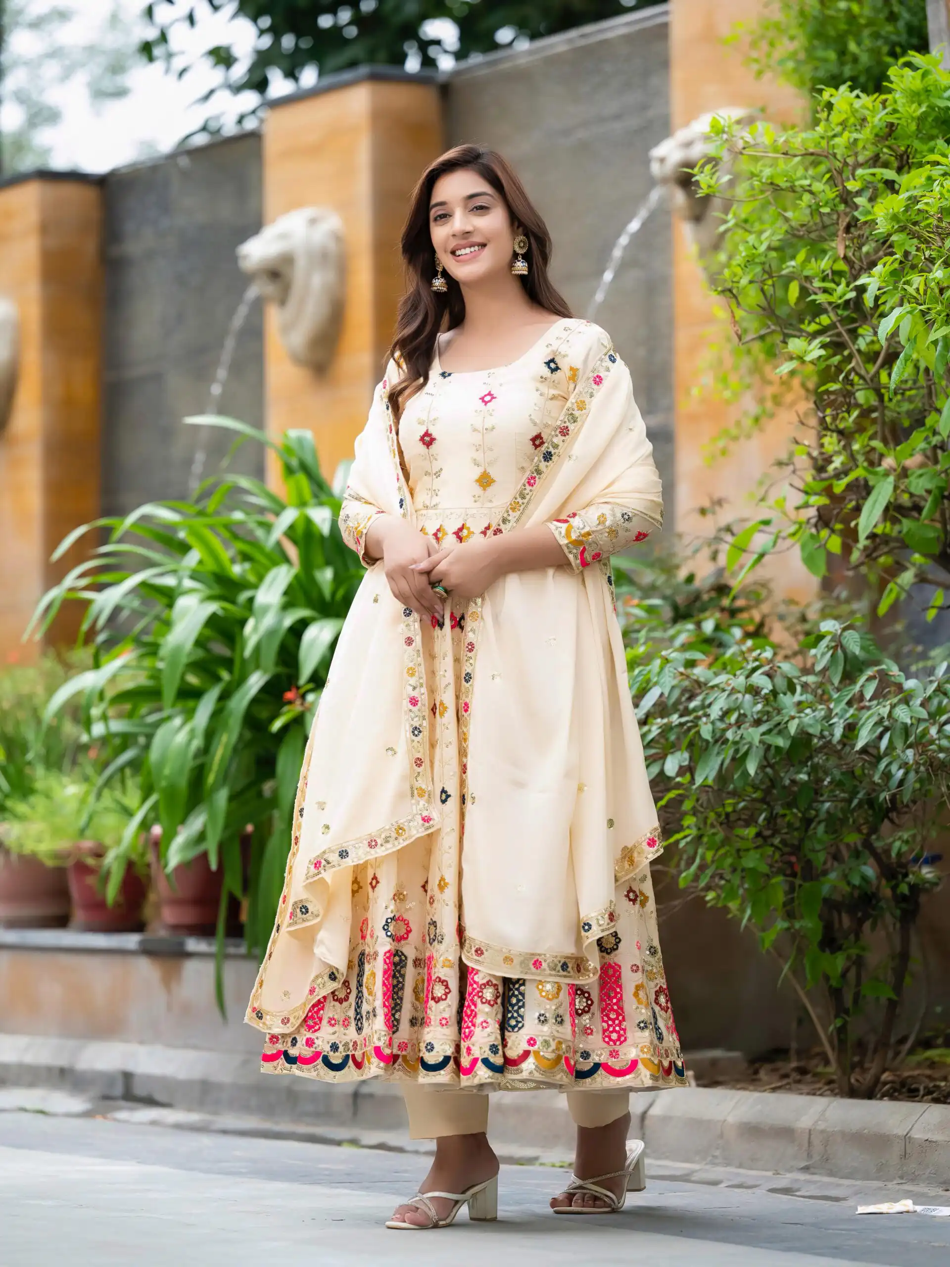 NF 1234 Cream Chinon Silk Anarkali Suit with Cut Work & Embroidery Work. Now at just ₹2599. Delivery 4-6 Working Days. Shop now. | Anarkali Suits, Bollywood Anarkali, Creative-Anarkali, Designer Anarkali, Embroidered Anarkali, Party Wear Anarkali
