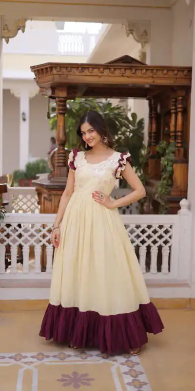 KA 1234 Cream Color Cotton Gown with Sequins Work & Embroidery Work. Festive Deal ₹1819. Delivery 4-6 Working Days. Shop now. | Gowns, Bollywood Gowns, Creative Gowns, Designer Gowns, Embroidered Gowns, Party Wear Gowns