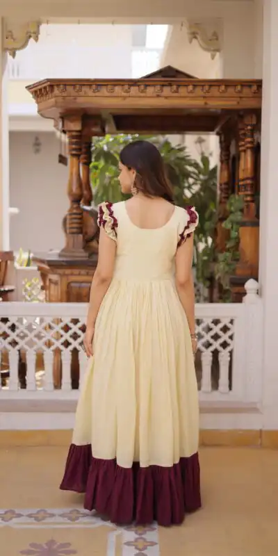 KA 1234 Cream Color Cotton Gown with Sequins Work & Embroidery Work. Festive Deal ₹1819. Delivery 4-6 Working Days. Shop now. | Gowns, Bollywood Gowns, Creative Gowns, Designer Gowns, Embroidered Gowns, Party Wear Gowns