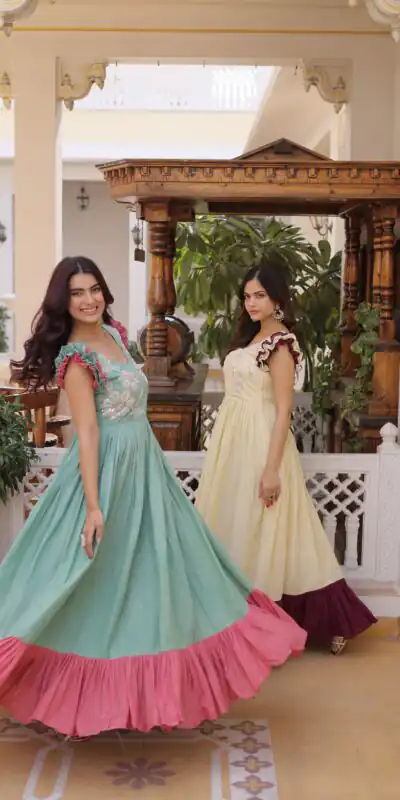 KA 1234 Cream Color Cotton Gown with Sequins Work & Embroidery Work. Festive Deal ₹1819. Delivery 4-6 Working Days. Shop now. | Gowns, Bollywood Gowns, Creative Gowns, Designer Gowns, Embroidered Gowns, Party Wear Gowns