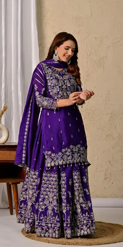 NF 1245 Dark Purple Chinon Silk Lehenga Choli with Embroidery Work & Zari Work. Now at just ₹2449. Delivery 4-6 Working Days. Shop now. | Lehenga, Bollywood Lehenga, Creative Lehenga, Designer Lehenga, Embroidered Lehenga, Party Wear Lehenga