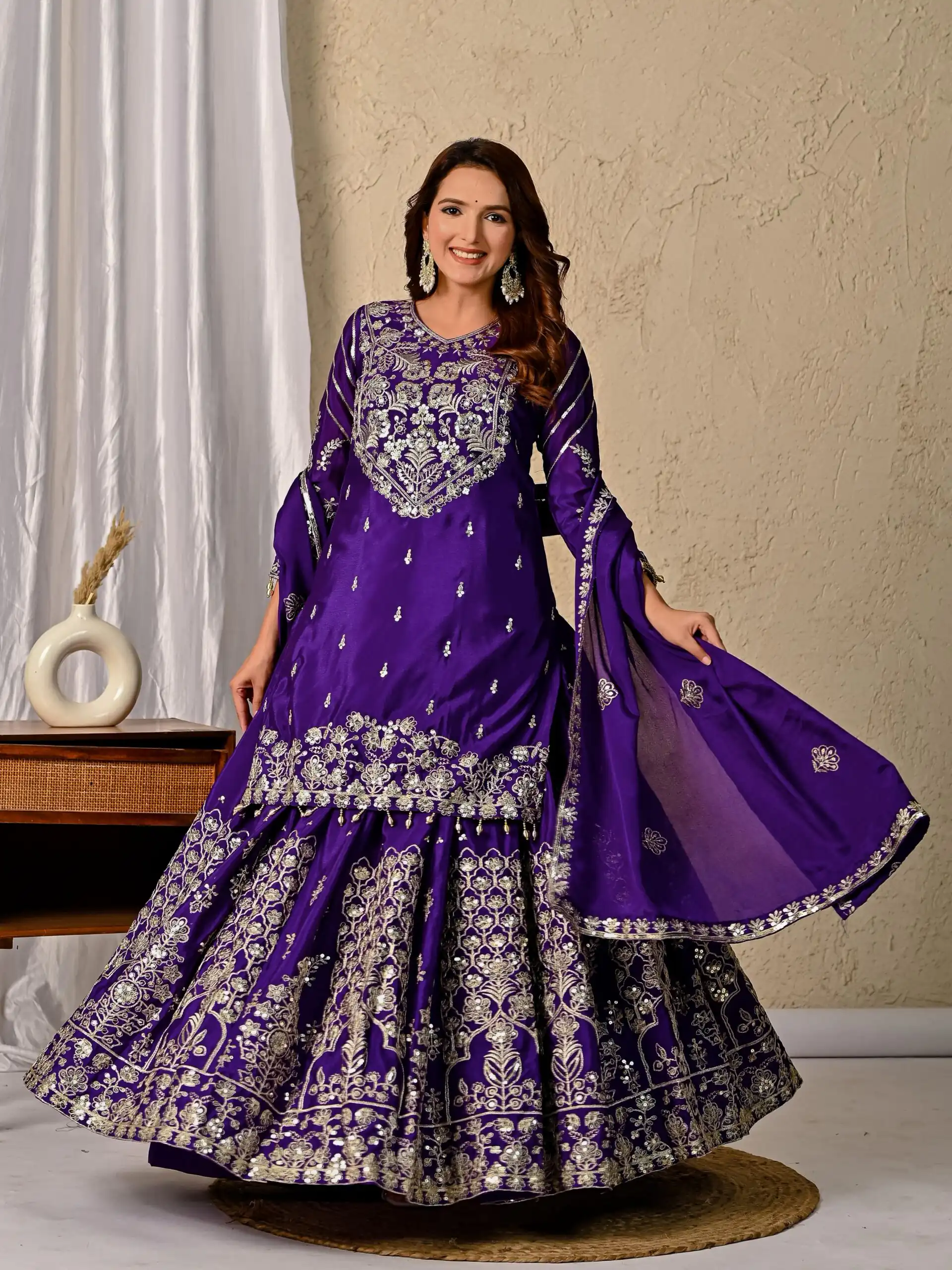 NF 1245 Dark Purple Chinon Silk Lehenga Choli with Embroidery Work & Zari Work. Now at just ₹2449. Delivery 4-6 Working Days. Shop now. | Lehenga, Bollywood Lehenga, Creative Lehenga, Designer Lehenga, Embroidered Lehenga, Party Wear Lehenga