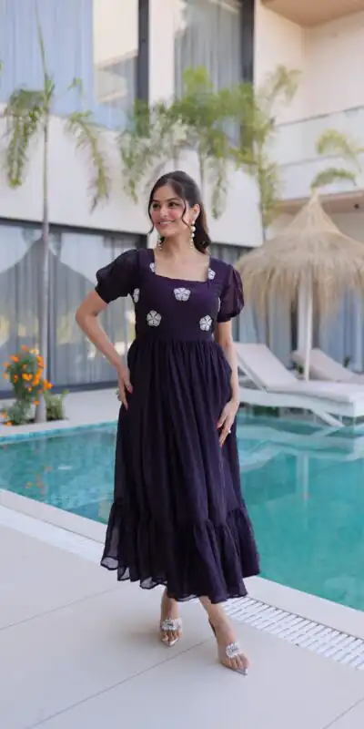 KA 1224 Dark Purple Color Fendi Silk Gown with Embroidery Work & Bead Work. Get it for ₹1769. Delivery 4-6 Working Days. Shop now. | Gowns, Bollywood Gowns, Creative Gowns, Designer Gowns, Embroidered Gowns, Party Wear Gowns