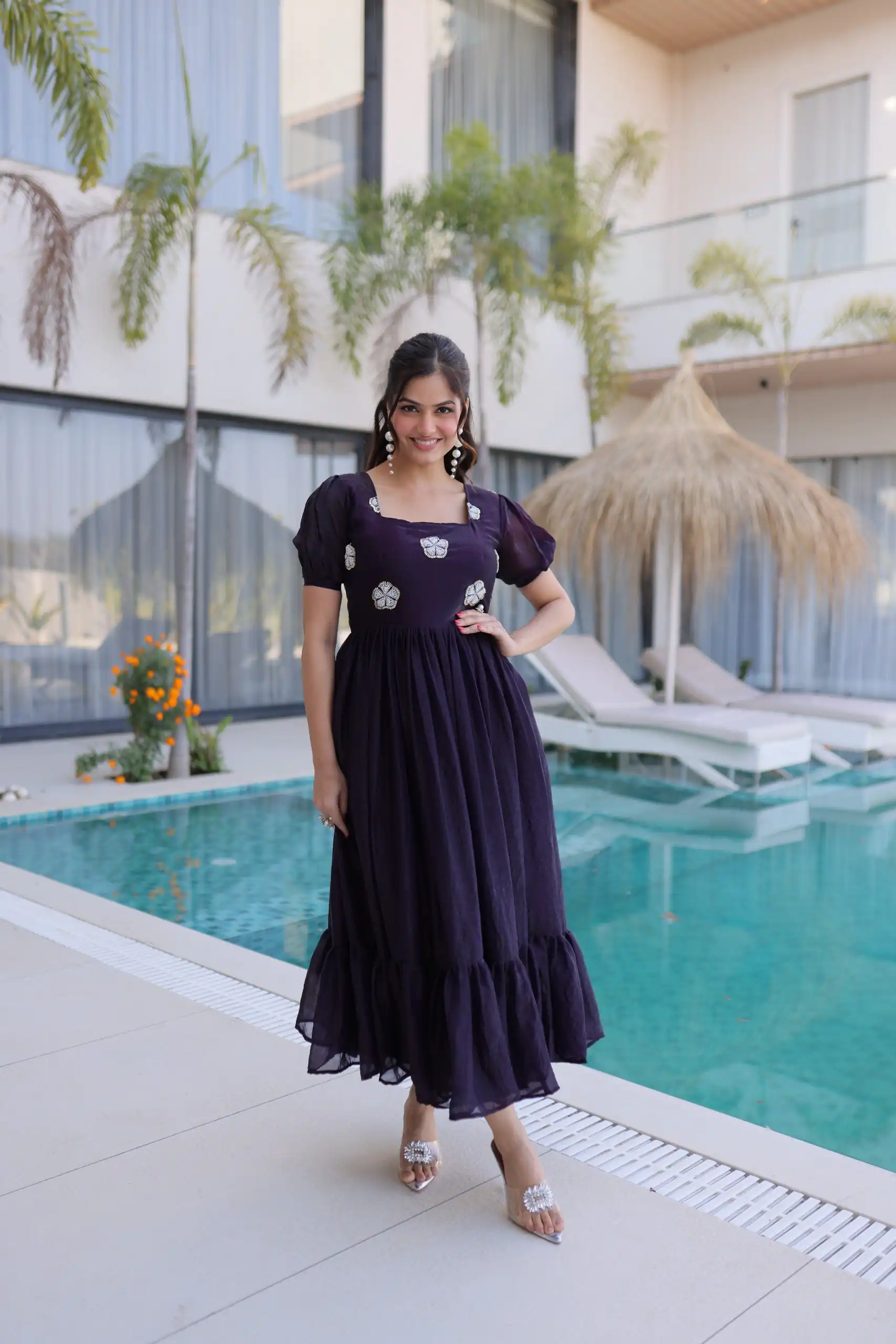 KA 1224 Dark Purple Color Fendi Silk Gown with Embroidery Work & Bead Work. Get it for ₹1769. Delivery 4-6 Working Days. Shop now. | Gowns, Bollywood Gowns, Creative Gowns, Designer Gowns, Embroidered Gowns, Party Wear Gowns