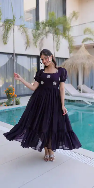 KA 1224 Dark Purple Color Fendi Silk Gown with Embroidery Work & Bead Work. Get it for ₹1769. Delivery 4-6 Working Days. Shop now. | Gowns, Bollywood Gowns, Creative Gowns, Designer Gowns, Embroidered Gowns, Party Wear Gowns