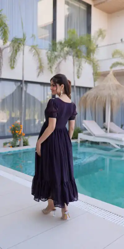 KA 1224 Dark Purple Color Fendi Silk Gown with Embroidery Work & Bead Work. Get it for ₹1769. Delivery 4-6 Working Days. Shop now. | Gowns, Bollywood Gowns, Creative Gowns, Designer Gowns, Embroidered Gowns, Party Wear Gowns