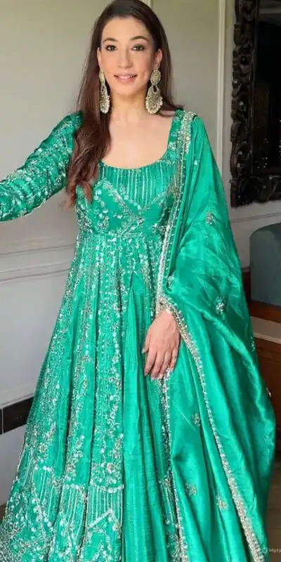 VLM 297 Firozi Crunchy Silk with Lace Work & Embroidery Work Gown . Introductory Price ₹2499. Delivery 4-6 Working Days. Shop now. | Gowns, Bollywood Gowns, Creative Gowns, Designer Gowns, Embroidered Gowns, Party Wear Gowns