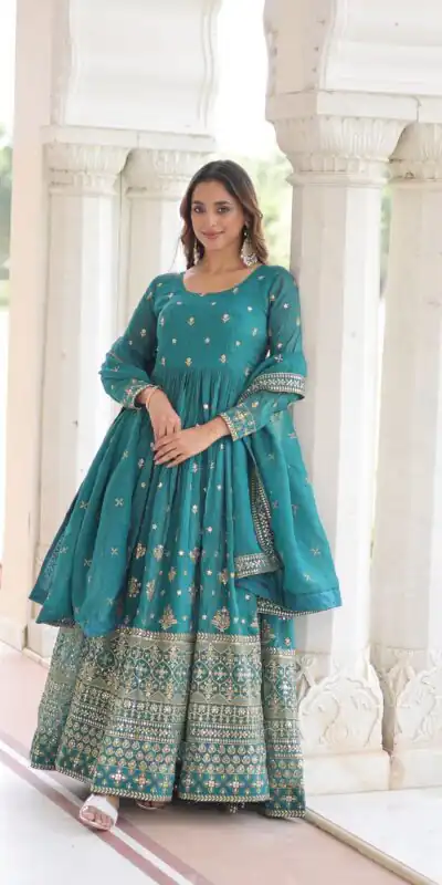 EKA 1216 Firozi in Silver Crunchy mbroidery Work & Sequins Work Gown . Available at ₹2649 only. Delivery 4-6 Working Days. Shop now. | Gowns, Bollywood Gowns, Creative Gowns, Designer Gowns, Embroidered Gowns, Party Wear Gowns