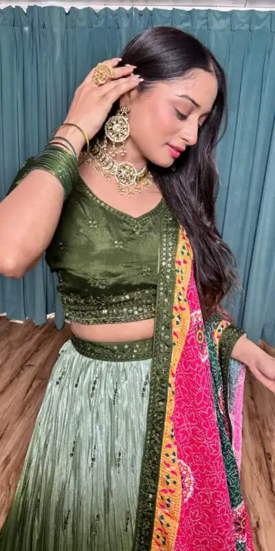 FB H60 Green Color Chinon Silk Sequins Work Lehenga Choli . Introductory Price ₹3649. Delivery 4-6 Working Days. Shop now. | Lehenga, Bollywood Lehenga, Creative Lehenga, Designer Lehenga, Embroidered Lehenga, Party Wear Lehenga
