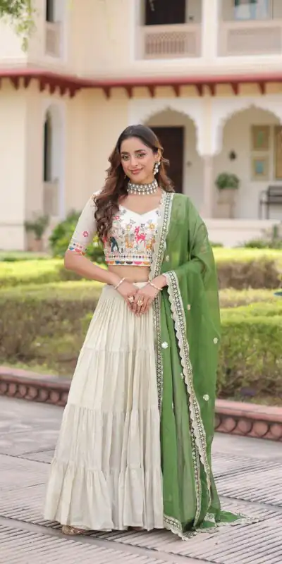 KA 5061 Green in Cosmos silk Embroidery Work & Zari Work Lehenga Choli . Get it for ₹2649. Delivery 4-6 Working Days. Shop now. | Lehenga, Bollywood Lehenga, Creative Lehenga, Designer Lehenga, Embroidered Lehenga, Party Wear Lehenga