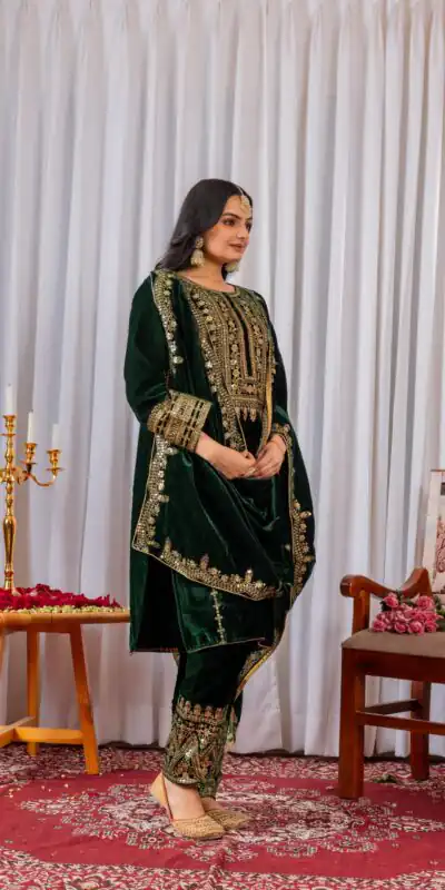 AD 089 Green Viscose Velvet Salwar Suit with Embroidery Work. Affordable Price ₹1999. Delivery 4-6 Working Days. Shop now. | Jump Suits, Salwar suit, Designer Suits, Casual Suits, Creative suits, Palazzo Suits, Party Wear Suits, Patiala Suits, Straight Suits