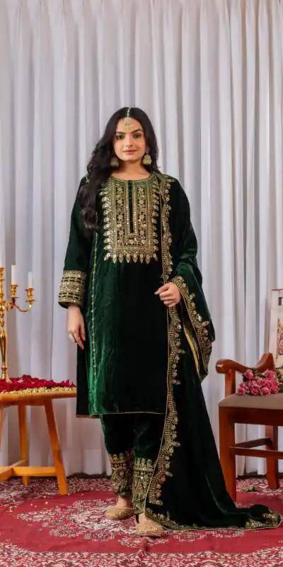 AD 089 Green Viscose Velvet Salwar Suit with Embroidery Work. Affordable Price ₹1999. Delivery 4-6 Working Days. Shop now. | Jump Suits, Salwar suit, Designer Suits, Casual Suits, Creative suits, Palazzo Suits, Party Wear Suits, Patiala Suits, Straight Suits
