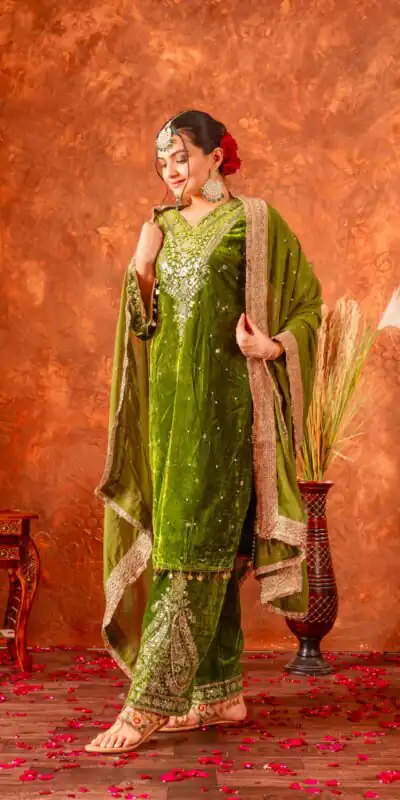 AD 134 Green Color Heavy Pure Viscose Velvet Embroidery Sharara Suit Wedding, Party, Festive, Events Etc. Expected Delivery  4-6 Working Days @2099/- | Jump Suits, Salwar suit, Designer Suits, Casual Suits, Creative suits, Palazzo Suits, Party Wear Suits, Patiala Suits, Straight Suits