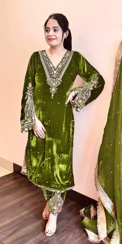 AD 134 Green Color Heavy Pure Viscose Velvet Embroidery Sharara Suit Wedding, Party, Festive, Events Etc. Expected Delivery  4-6 Working Days @2099/- | Jump Suits, Salwar suit, Designer Suits, Casual Suits, Creative suits, Palazzo Suits, Party Wear Suits, Patiala Suits, Straight Suits