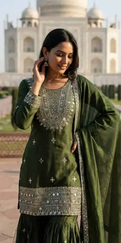 ZSR 3160 Green Zimmy Silk Salwar Suit with Embroidery Work & Mirror Work. Grab it for ₹2399. Delivery 4-6 Working Days. Shop now. | Jump Suits, Salwar suit, Designer Suits, Casual Suits, Creative suits, Palazzo Suits, Party Wear Suits, Patiala Suits, Straight Suits