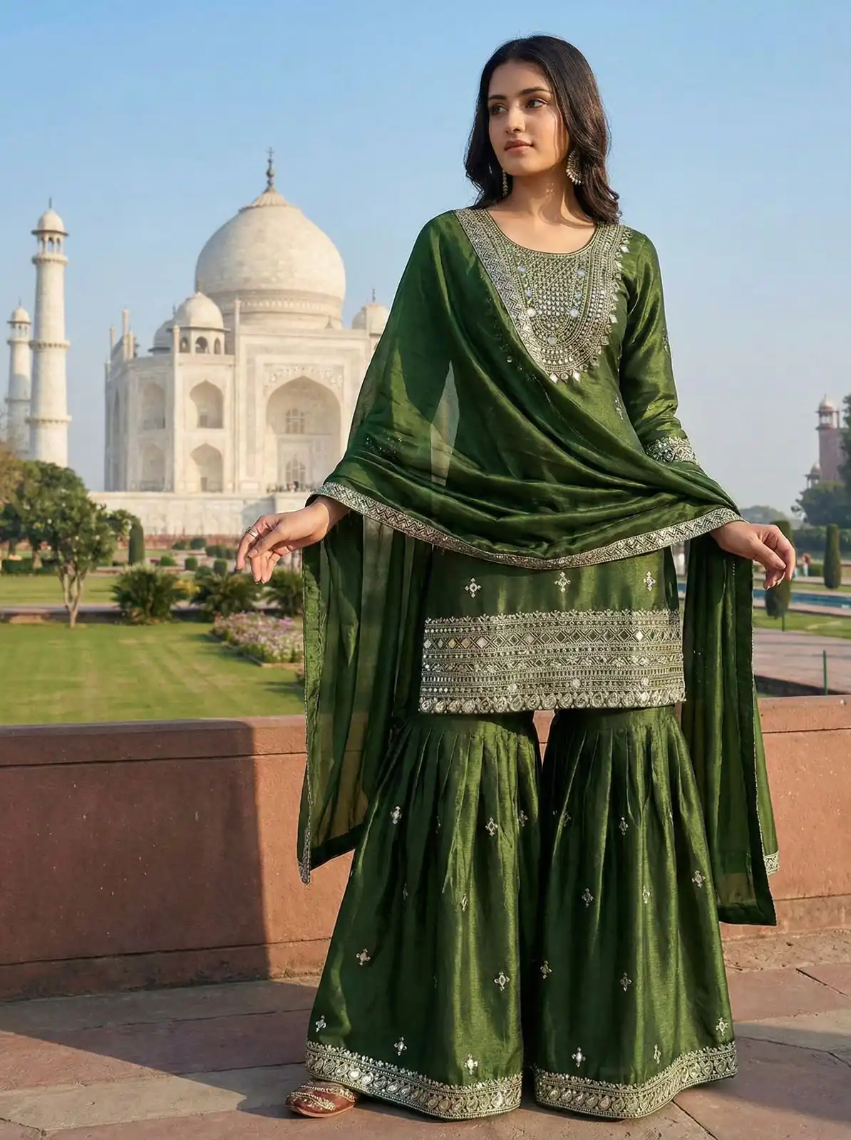 ZSR 3160 Green Zimmy Silk Salwar Suit with Embroidery Work & Mirror Work. Grab it for ₹2399. Delivery 4-6 Working Days. Shop now. | Jump Suits, Salwar suit, Designer Suits, Casual Suits, Creative suits, Palazzo Suits, Party Wear Suits, Patiala Suits, Straight Suits