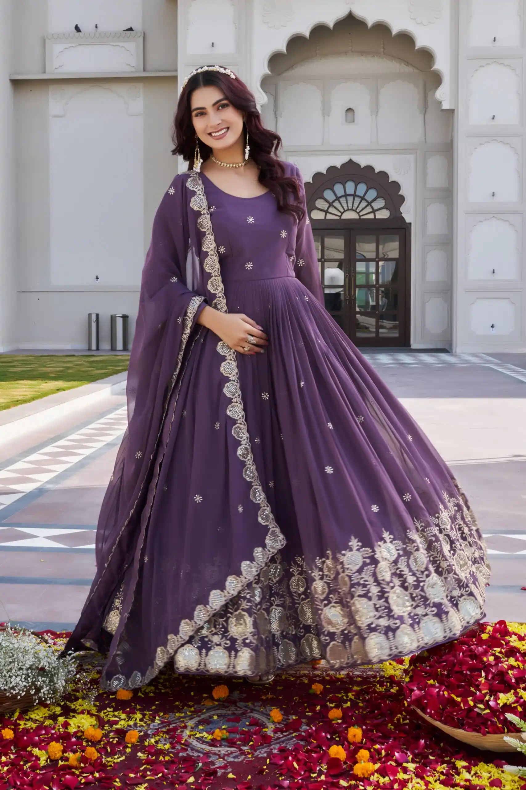Ram 0153 Lavender in Fox Georgette. Embroidery Work Gown Wedding, Party, Festive, Events Get it for ₹2049. Delivery 4-6 Working Days. Shop now. | Gowns, Bollywood Gowns, Creative Gowns, Designer Gowns, Embroidered Gowns, Party Wear Gowns