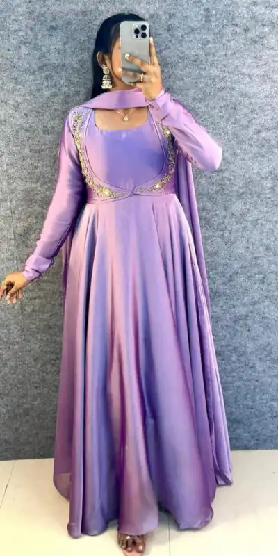 MF 888 Lavender Rangoli Silk Gown with Lace Border & Lace Work. Available at ₹1649 only. Delivery 4-6 Working Days. Shop now. | Gowns, Bollywood Gowns, Creative Gowns, Designer Gowns, Embroidered Gowns, Party Wear Gowns