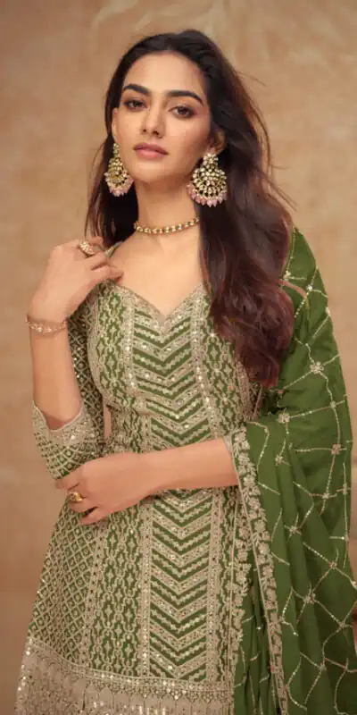 FC 7518 Mahendi Chinon Salwar Suit Perfect for Wedding, Party, Diwali, Durga Puja, Temple Visit – . Festive Deal ₹3099. Delivery 4-6 Working Days. | Designer Suits, Jump Suits, Tops & Bottoms, Track Suits, Trendy Wear, Salwar suit, Casual Suits, Creative suits, Palazzo Suits, Party Wear Suits, Patiala Suits, Straight Suits