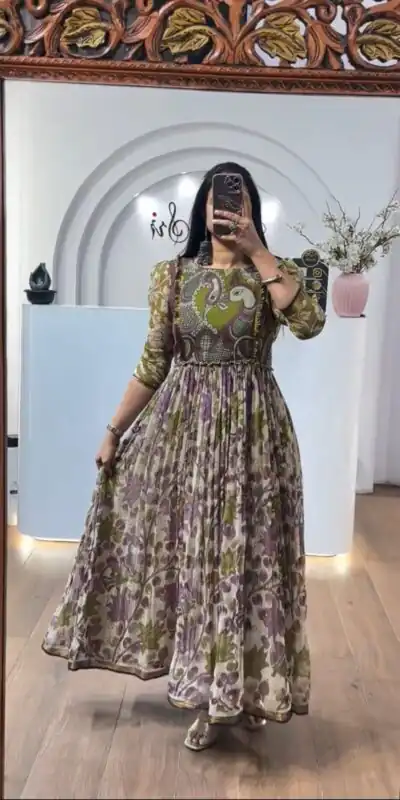 PC 540 Mahendi Color Cota checks Gown with Kalamkari Print. Wedding, Party, Festive Introductory Price ₹1849. Delivery 4-6 Working Days. Shop now. | Gowns, Bollywood Gowns, Creative Gowns, Designer Gowns, Embroidered Gowns, Party Wear Gowns