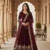 ZF 194 Maroon Faux Georgette Gown Perfect for Wedding, Party, Makar Sankranti, Karwa Chauth, Ethnic Day – . Now at just ₹1999. Delivery 4-6 Working D | Gowns, Bollywood Gowns, Creative Gowns, Designer Gowns, Embroidered Gowns, Party Wear Gowns
