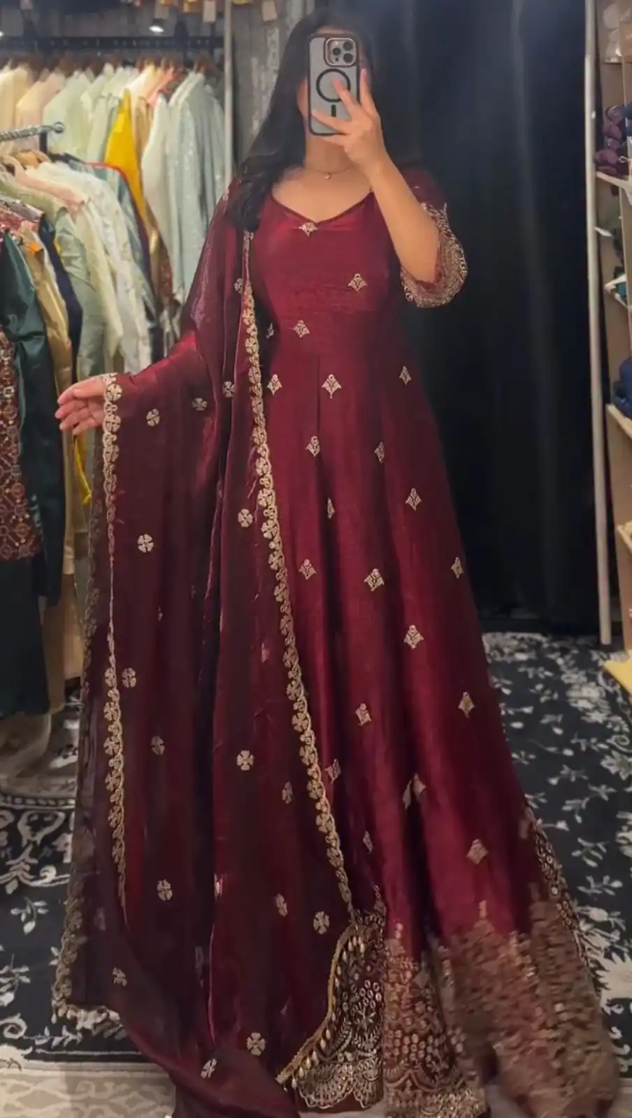 KD 1564 Maroon Fendy Silk Gown Perfect for Wedding, Party, Durga Puja, Festival Celebrations, Ganesh Chaturthi – . Best Price ₹2399. Delivery 4-6 Wor | Gowns, Bollywood Gowns, Creative Gowns, Designer Gowns, Embroidered Gowns, Party Wear Gowns