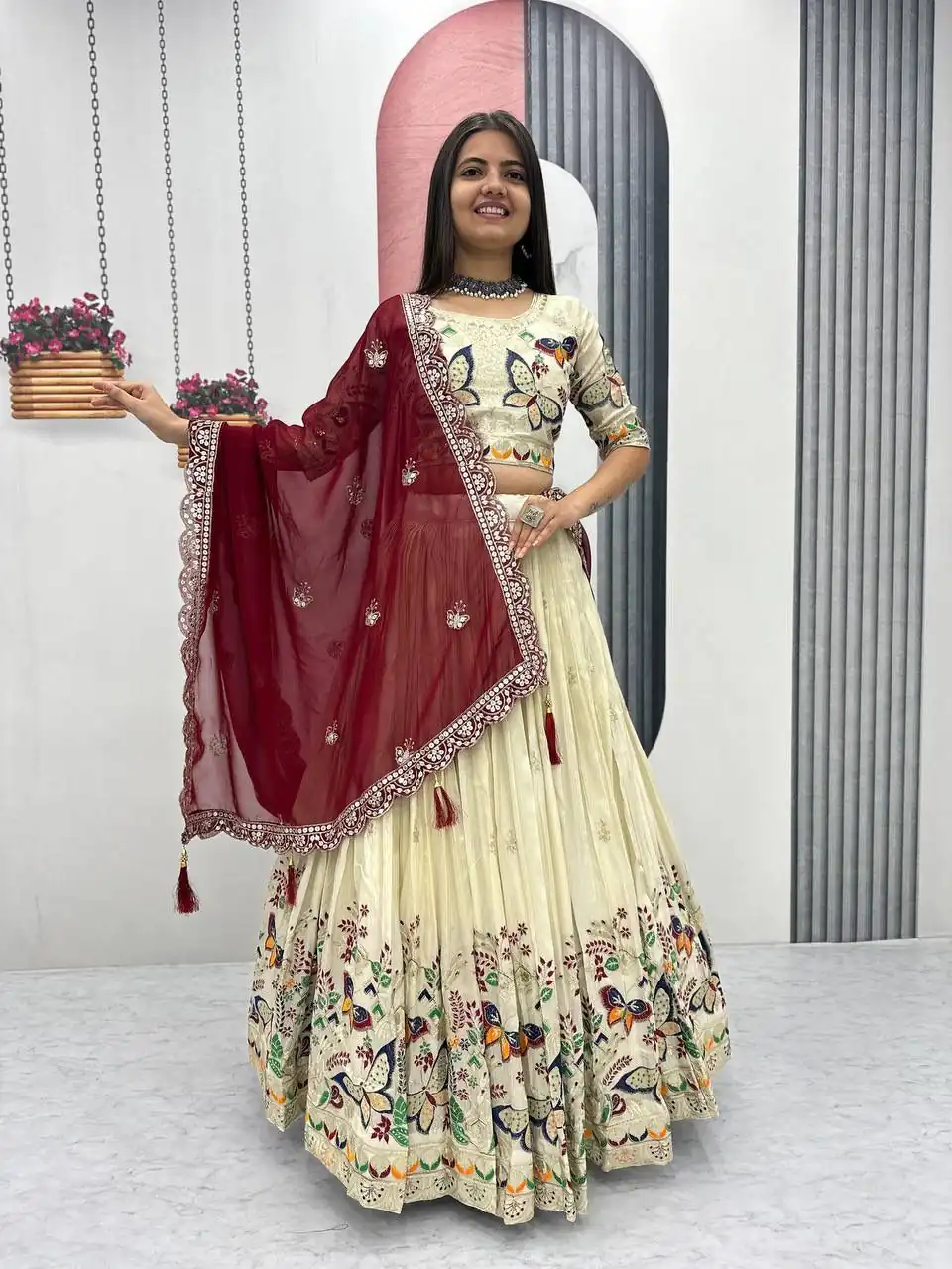 PC 491 Maroon Tissue Silk Lehenga Choli with Lace Work & Cut Work. Wedding, Party, Festive, Events Only 3249 Delivery 4-6 Working Days. Shop now. | Lehenga, Bollywood Lehenga, Creative Lehenga, Designer Lehenga, Embroidered Lehenga, Party Wear Lehenga