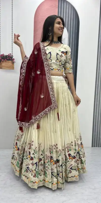 PC 491 Maroon Tissue Silk Lehenga Choli with Lace Work & Cut Work. Wedding, Party, Festive, Events Only 3249 Delivery 4-6 Working Days. Shop now. | Lehenga, Bollywood Lehenga, Creative Lehenga, Designer Lehenga, Embroidered Lehenga, Party Wear Lehenga