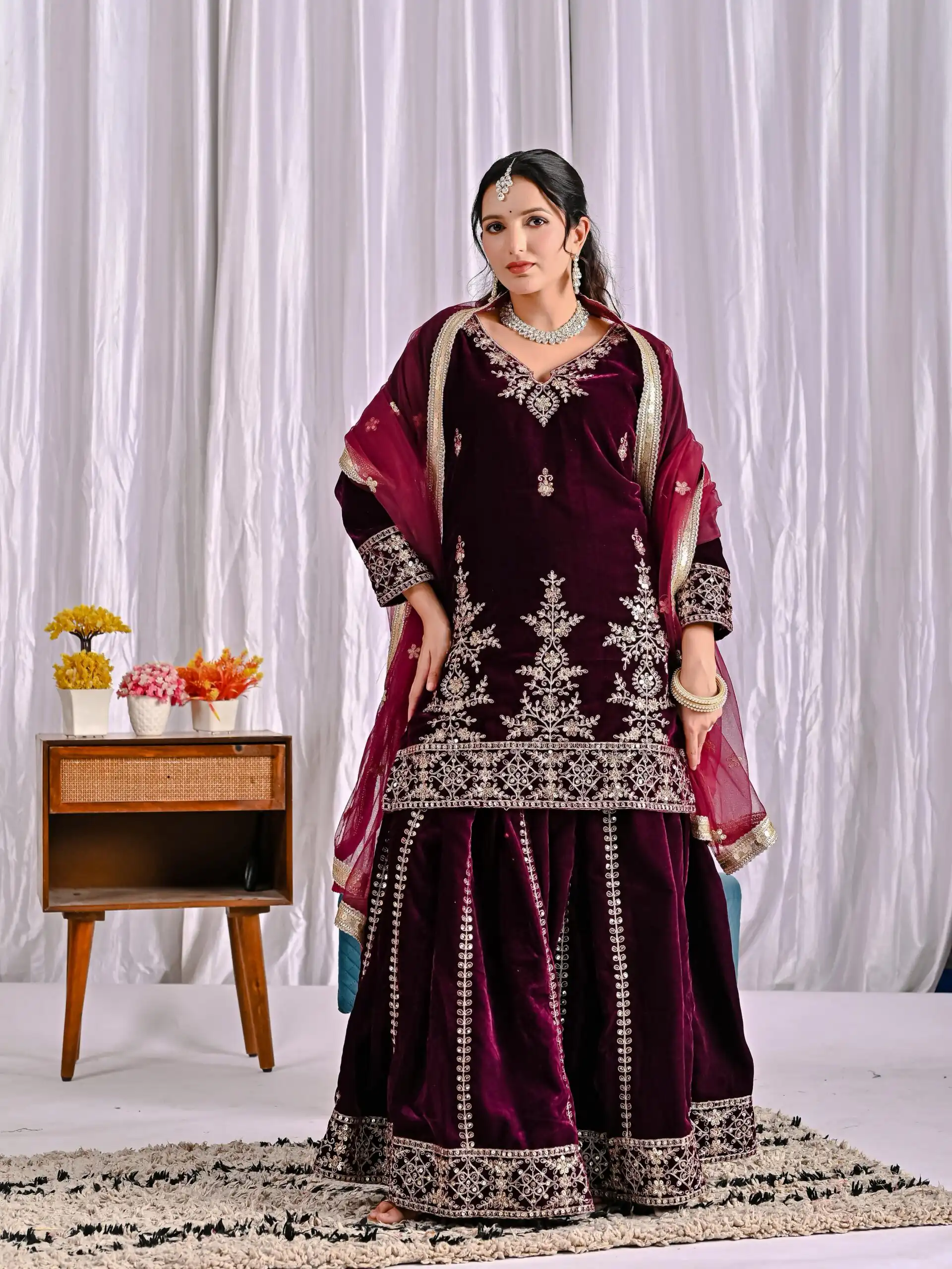 ND 5052 Maroon Viscous Velvet Salwar Suit Perfect for Wedding, Party, Reception, Eid, Temple Visit – . Introductory Price ₹2149. Delivery 4-6 Working | Jump Suits, Salwar suit, Designer Suits, Casual Suits, Creative suits, Palazzo Suits, Party Wear Suits, Patiala Suits, Straight Suits
