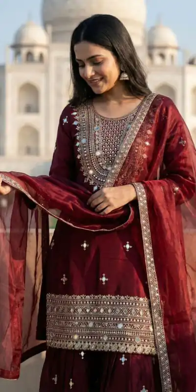 ZSR 3160 Maroon Zimmy Silk Salwar Suit with Embroidery Work & Mirror Work. Grab it for ₹2399. Delivery 4-6 Working Days. Shop now. | Jump Suits, Salwar suit, Designer Suits, Casual Suits, Creative suits, Palazzo Suits, Party Wear Suits, Patiala Suits, Straight Suits