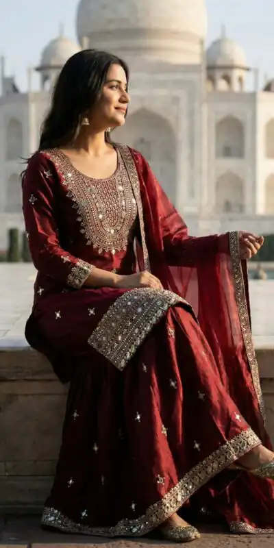 ZSR 3160 Maroon Zimmy Silk Salwar Suit with Embroidery Work & Mirror Work. Grab it for ₹2399. Delivery 4-6 Working Days. Shop now. | Jump Suits, Salwar suit, Designer Suits, Casual Suits, Creative suits, Palazzo Suits, Party Wear Suits, Patiala Suits, Straight Suits