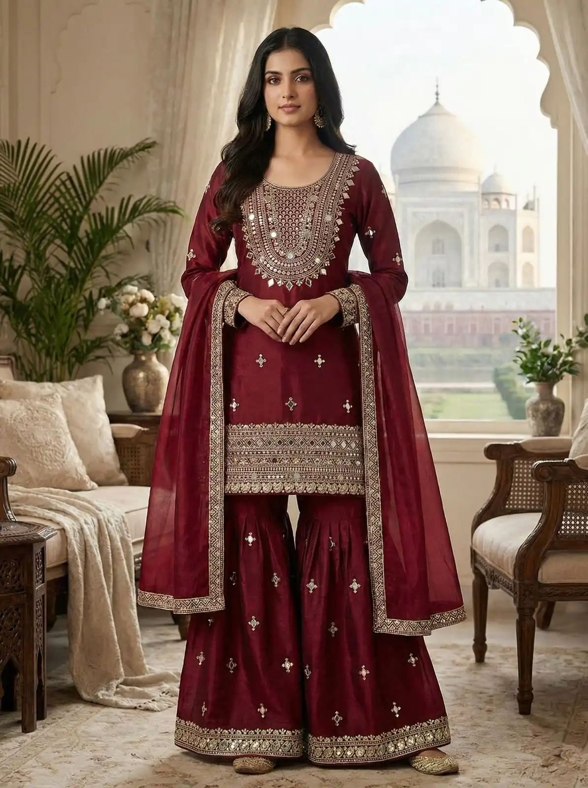 ZSR 3160 Maroon Zimmy Silk Salwar Suit with Embroidery Work & Mirror Work. Grab it for ₹2399. Delivery 4-6 Working Days. Shop now. | Jump Suits, Salwar suit, Designer Suits, Casual Suits, Creative suits, Palazzo Suits, Party Wear Suits, Patiala Suits, Straight Suits