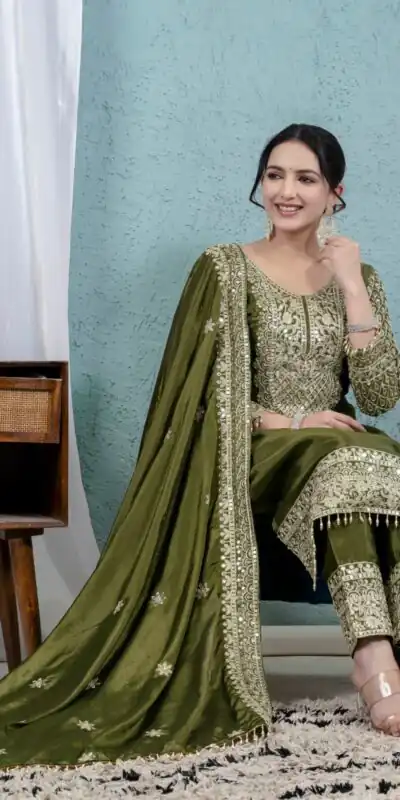 MF 444 Mehandi Chnnon Silk Salwar Suit with Lace Work & Embroidery Work. Introductory Price ₹2099. Delivery 4-6 Working Days. Shop now. | Jump Suits, Salwar suit, Designer Suits, Casual Suits, Creative suits, Palazzo Suits, Party Wear Suits, Patiala Suits, Straight Suits