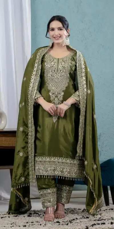 MF 444 Mehandi Chnnon Silk Salwar Suit with Lace Work & Embroidery Work. Introductory Price ₹2099. Delivery 4-6 Working Days. Shop now. | Jump Suits, Salwar suit, Designer Suits, Casual Suits, Creative suits, Palazzo Suits, Party Wear Suits, Patiala Suits, Straight Suits