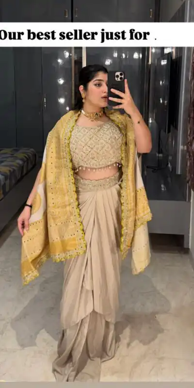 BB 53 Mustered Crap Silk Dhoti Suit. Perfect for Wedding, Party, Anniversary, Holi, Temple Visit – Available at ₹2599 only. Delivery 4-6 Working Days. | Jump Suits, Salwar suit, Designer Suits, Casual Suits, Creative suits, Palazzo Suits, Party Wear Suits, Patiala Suits, Straight Suits