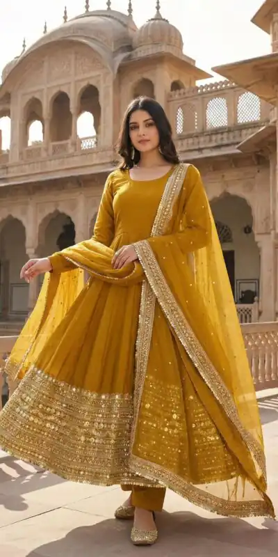 ZSR 3152 Mustered Color Roman silk Gown with Embroidery Work & Lace Work. Grab it for ₹2599. Delivery 4-6 Working Days. Shop now. | Gowns, Bollywood Gowns, Creative Gowns, Designer Gowns, Embroidered Gowns, Party Wear Gowns