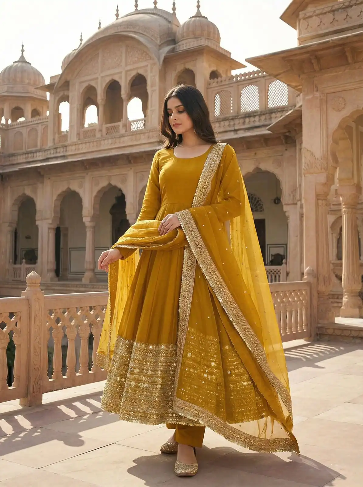 ZSR 3152 Mustered Color Roman silk Gown with Embroidery Work & Lace Work. Grab it for ₹2599. Delivery 4-6 Working Days. Shop now. | Gowns, Bollywood Gowns, Creative Gowns, Designer Gowns, Embroidered Gowns, Party Wear Gowns