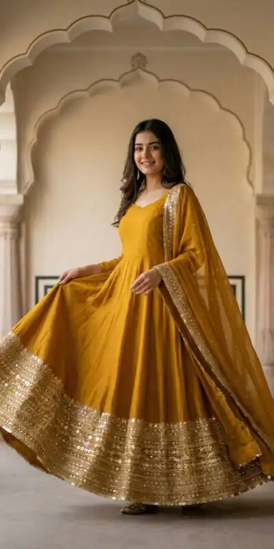 ZSR 3152 Mustered Color Roman silk Gown with Embroidery Work & Lace Work. Grab it for ₹2599. Delivery 4-6 Working Days. Shop now. | Gowns, Bollywood Gowns, Creative Gowns, Designer Gowns, Embroidered Gowns, Party Wear Gowns