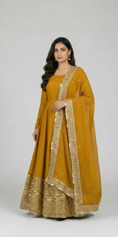 ZSR 3152 Mustered Color Roman silk Gown with Embroidery Work & Lace Work. Grab it for ₹2599. Delivery 4-6 Working Days. Shop now. | Gowns, Bollywood Gowns, Creative Gowns, Designer Gowns, Embroidered Gowns, Party Wear Gowns