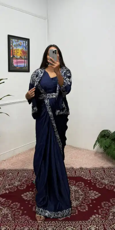 ST 1090 Navy Blue Color Chinon Saree with Embroidery Work & Lace Work. Now at just ₹2099. Delivery 4-6 Working Days. Shop now. | Sarees, Bollywood Sarees, Creative Sarees, Designer Sarees, Embroidered Sarees, Ethnic Saree, Modern Digital sarees, Party Wear Sarees