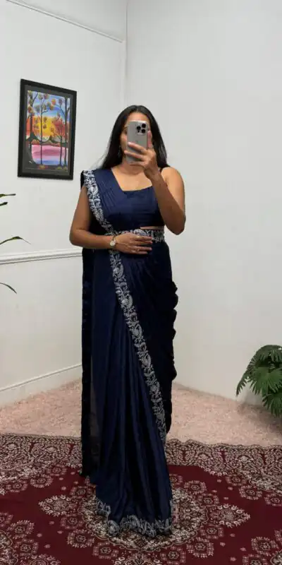 ST 1090 Navy Blue Color Chinon Saree with Embroidery Work & Lace Work. Now at just ₹2099. Delivery 4-6 Working Days. Shop now. | Sarees, Bollywood Sarees, Creative Sarees, Designer Sarees, Embroidered Sarees, Ethnic Saree, Modern Digital sarees, Party Wear Sarees