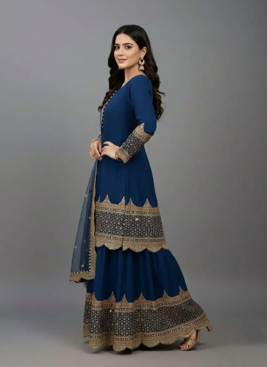 ZF 250 Navy Blue Color Faux Georgette Embroidery Sequence Work Sharara Suit Wedding, Party, Festive, Events Etc. Expected Delivery 4-6 Working Days @2099/- | Jump Suits, Straight Suits, Salwar suit, Designer Suits, Casual Suits, Creative suits, Palazzo Suits, Party Wear Suits, Patiala Suits