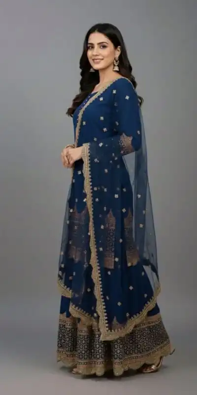 ZF 250 Navy Blue Color Faux Georgette Embroidery Sequence Work Sharara Suit Wedding, Party, Festive, Events Etc. Expected Delivery 4-6 Working Days @2099/- | Jump Suits, Straight Suits, Salwar suit, Designer Suits, Casual Suits, Creative suits, Palazzo Suits, Party Wear Suits, Patiala Suits